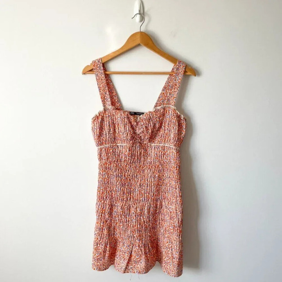 Zara Ditzy Floral Smocked Elasticized Mini Dress Orange Lilac Size Medium - Picture 5 of 9